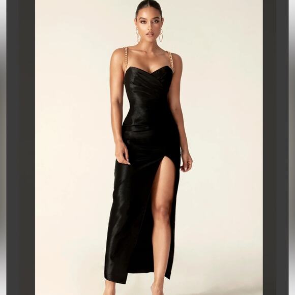 Alieva Dresses & Skirts - ALIEVA Dulce Dupioni Black Maxi Dress Gold Chain Straps Slit Size L